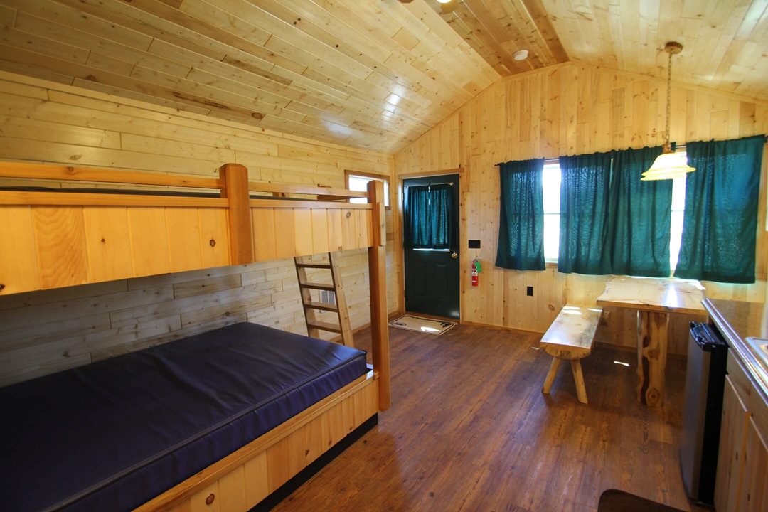 Interior view (angle 5) of a four person cabin at Mackinac Lakefront Cabin Rentals in Mackinaw City, MI. © 2017 Frank Rogala.